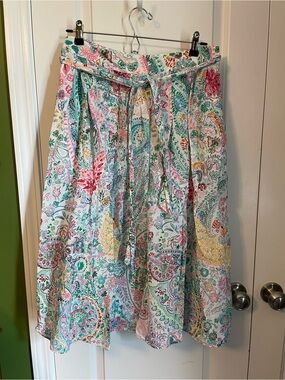 Talbots Floral Paisley Cotton Skirt 10 Waist Tie Pleated Full Skirt